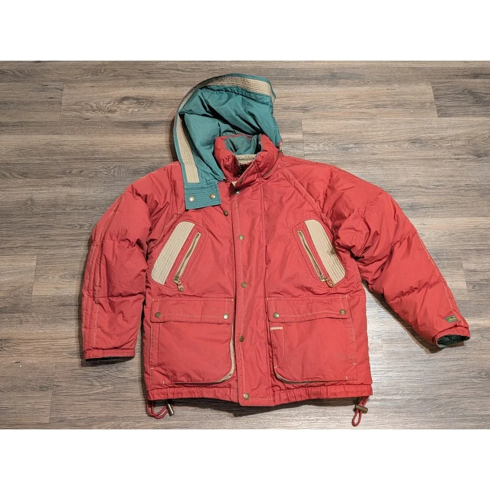 Brambilla Vintage Reversible Down Puffer Jacket Red Teal Green Hooded Mens M‎